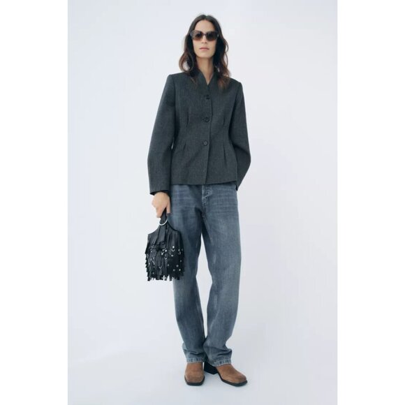 NWT Zara V Neck Linen Wool Blend Button Up Blazer Gray Womens Medium - Picture 2 of 10